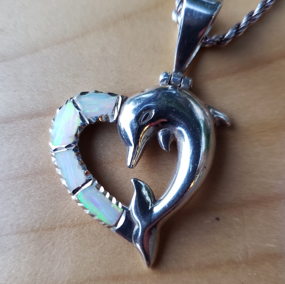 Handmade 950 Silver and Opals, Signed Taxco Cardenas Dolphin Heart